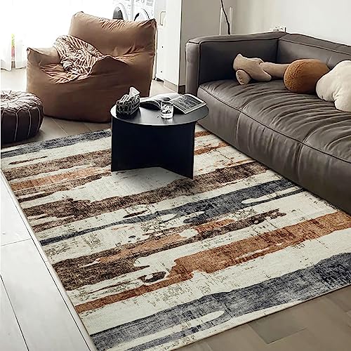 OMERAI Washable Rug 5'x7' Abstract Machine Washable Rugs Ultra-Thin Area Rugs for Living Room Non Slip Stain Resistant Modern Carpet for Bedroom Dining Room Office Kitchen Brown Rug Washable (Brown) - Tpe06-brown - 5' x 7'