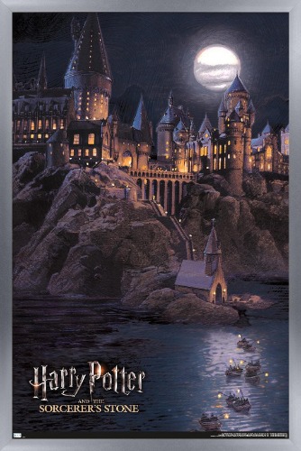 Trends International Harry Potter and The Sorcerer's Stone-Hogwarts at Night Wall Poster, 22.375" x 34", Silver Framed Version