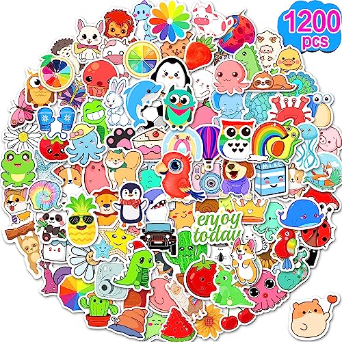 Apakkai 1200 Pcs Stickers for Kids, Cute Water Bottle Stickers for Teens, Kawaii Vinyl Phone Laptop Skateboard Animal Waterproof Stickers, Bulk Aesthetic Sticker Packs for Boys Girls Teacher - 1200pcs