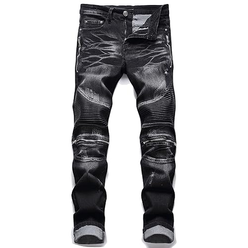 AITITIA Men's Biker Zipper Deco Washed Straight Fit Jeans - 38 - 005 Black
