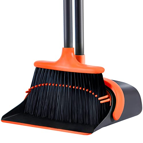 Broom and Dustpan Set, Broom and Dustpan Set for Home, Dustpan with 52" Long Handle Broom Combo Set, Standing Dustpan and Broom Set for Home Kitchen Room Office Lobby Floor Cleaning - New Orange