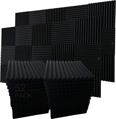 52 Pack 12 "X 12 "X1" Acoustic Panels Studio Soundproofing Foam Wedge Tiles, (52BLACK)