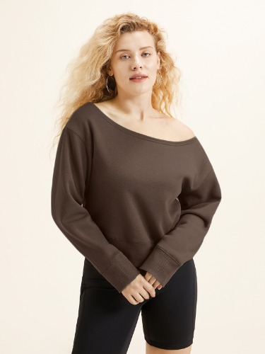 Off Shoulder Fleeced Sweatshirt - Chocolate Brown / 2XL