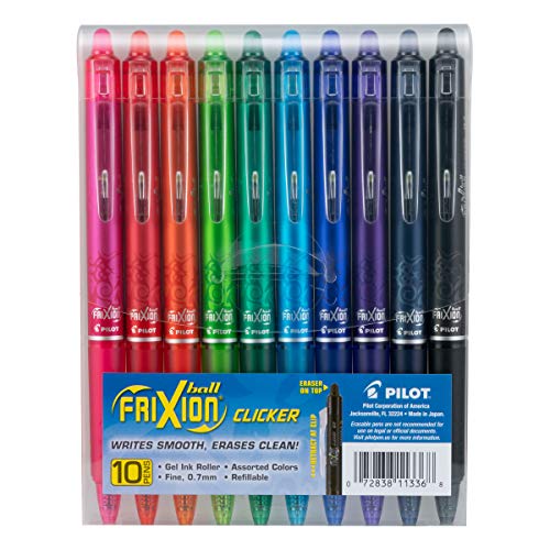 Pilot, FriXion Clicker Erasable Gel Pens, Fine Point 0.7 mm, Pack of 10, Assorted Colors - 10 Count (Pack of 1)