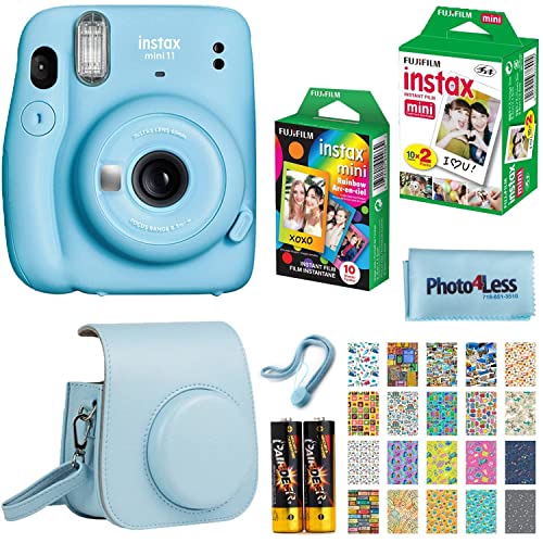 Fujifilm Instax Mini 11 Instant Camera - Sky Blue (16654762) + Fujifilm Instax Mini Twin Pack Instant Film (16437396) + Single Pack Rainbow Film + Case + Travel Stickers - Sky Blue
