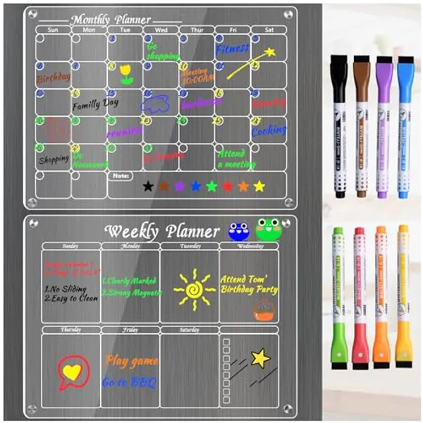 Magnetic Acrylic Calendar for Fridge, 2Pack Monthly & Weekly Dry Erase Calendar for Fridge, Clear Magnetic Calendar for Fridge, Reusable Fridge Calendar Planning Boards with 8 Colorful Markers