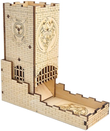 Castle Dice Tower with Tray Wood Laser Cut Dragon Carving Easy Roller Perfect for Board Game, D&D and RPG