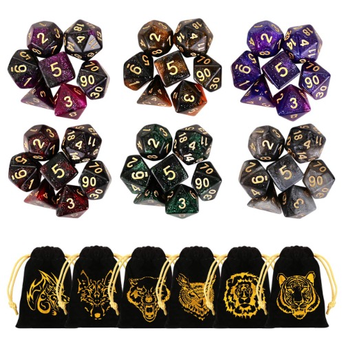 DND Dice Set, GWHOLE 6×7 (42pcs) Glitter Polyhedral Dice Sets with Flannel Bags Dungeons and Dragons Dice for DND RPG MTG Pathfinder Table Games, D4 D6 D8 D10 D12 D20