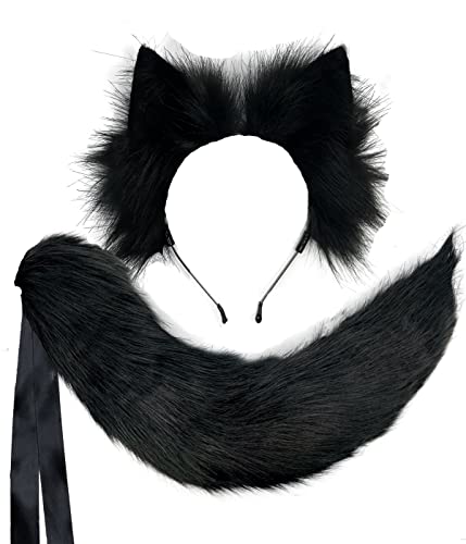 Agymo Oversize Black Wolf Ears and Tail Sets, Furry Ears Headbands,Halloween for Women Men Teen Girls - Ears and Tail - Oversize - Pure Black