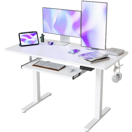 FEZIBO Height Adjustable Electric Standing Desk with Keyboard Tray, 48 x 24 Inches Sit Stand up Desk with Splice Board, White Frame/White Top - 48*24 Inch White