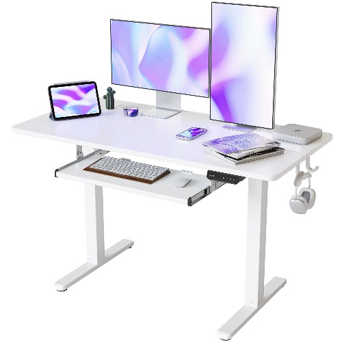 FEZIBO Height Adjustable Electric Standing Desk with Keyboard Tray, 48 x 24 Inches Sit Stand up Desk with Splice Board, White Frame/White Top - 48*24 Inch White