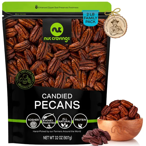Candied Pecans Honey Glazed Praline, No Shell (32oz - 2 LB) Bulk Nuts Packed Fresh in Resealable Bag - Healthy Protein Food Snack, All Natural, Keto Friendly, Vegan, Kosher - Prime - 2 Pound (Pack of 1)