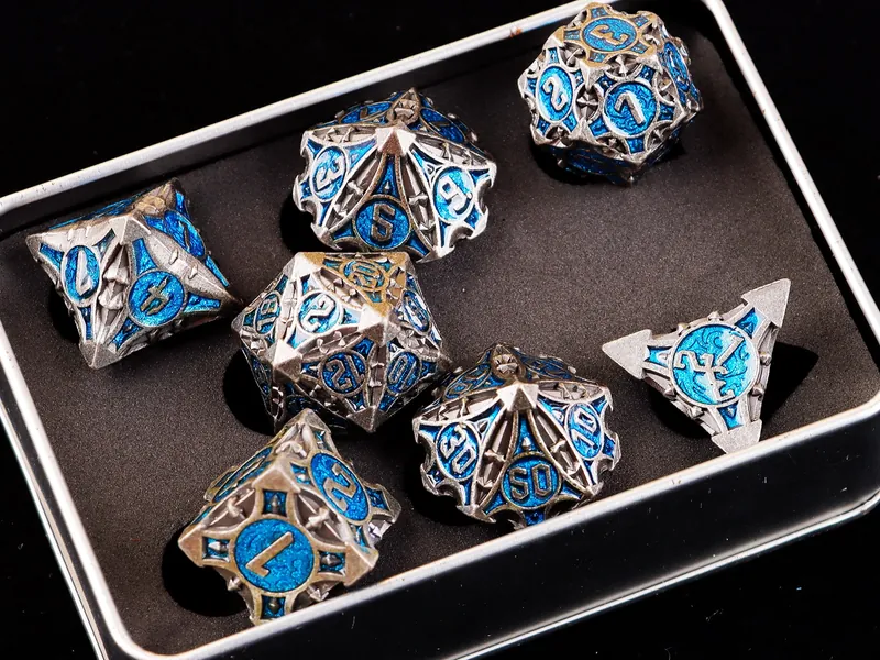 Metal d&d dice set for role playing games , Metal dice set for gift , Blue sharp edge dice set , Polyhedral dice set for gift