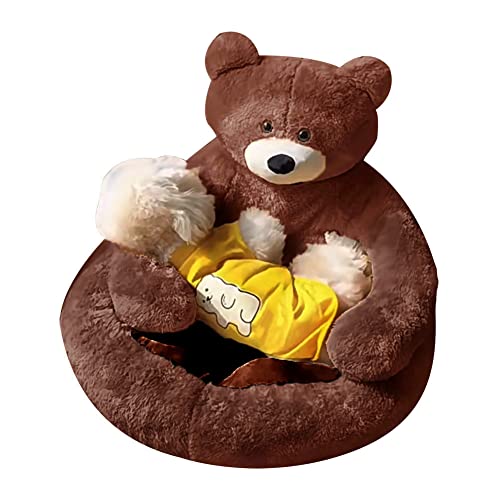 Srutirbo Cute Bear Hug Design Dog Cat Beds Plush Pet Beds Cuddler, Warm Soft Calming Dog Beds with Removable Washable Cover Non-Slip Bottom (Diameter 22 in, Brown) - Diameter 22 in - Brown