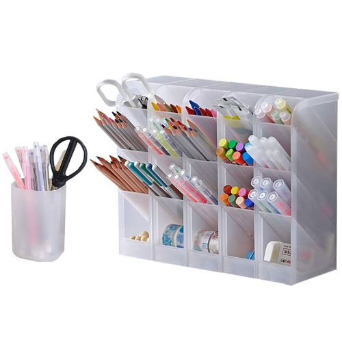 HakGak 5 Pcs Desk Organizer Pen Holder Pencil Marker Stationery Storage Container with Cup Brush Craft Organizer for Office School Home Supplies, Set of 5, 16 Compartmens (Translucent White) - Translucent White
