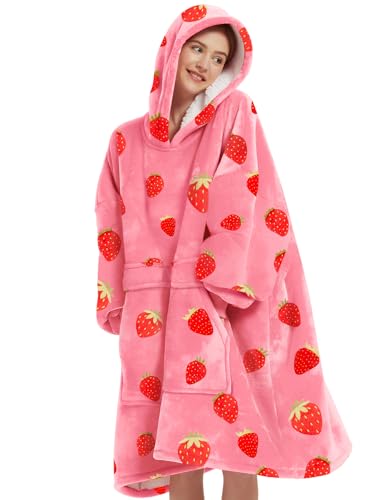 KFUBUO Wearable Blanket Hoodie for Adults Sherpa All Patterns Oversized Sweatshirt Blanket with Pockets Cute Birthday Gifts for Sister Strawberry - Printing-strawberry - Adult