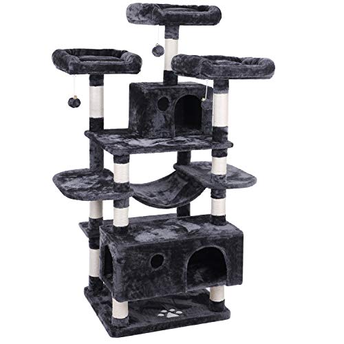 BEWISHOME Large Cat Tree Condo with Sisal Scratching Posts Perches Houses Hammock, Cat Tower for Indoor Cats Furniture Kitty Activity Center Kitten Play House Grey MMJ03B - Smoky Grey