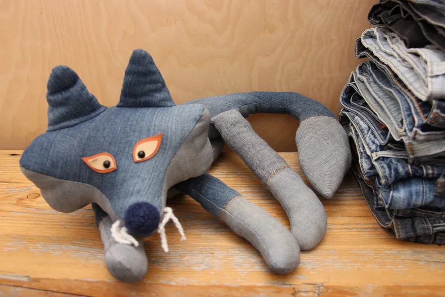 Denim fox , toy fox, recycled upcycled denim toy , textile fox, stuffed toy , soft toy , vintage style , woodland animal, fox toy , animal