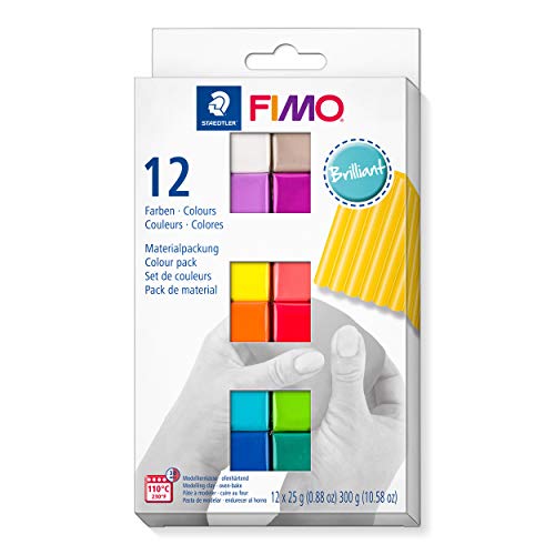 STAEDTLER ofenhärtende Modelliermasse FIMO soft brilliant colours, weich und geschmeidig, speziell für Einsteiger und Hobbykünstler, 12 Halbblöcke á 25g in sortierten Farben, 8023 C12-2 - Brillant - Farben - 12 Blöcke