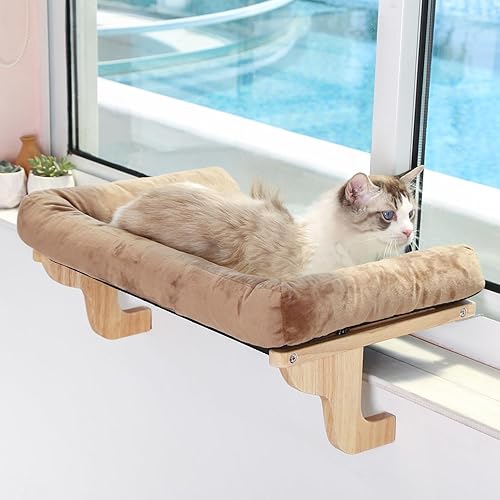 Zakkart Cat Perch for Window Sill with Bolster - Orthopedic Hammock Design with Premium Hardwood & Robust Metal Frame - Cat Window Seat for Large Cats and Kittens - Nartural Color Wood with Brown Bed - Nartural Color Wood w/ Brown Bed