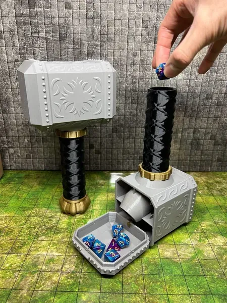 MunnyGrubbers - Hammer Dice Tower - (Random Dice Set Included) - Dice Holder - Dice Roller - Tabletop RPG Accessory - Dungeons and Dragons - DND - D&D - (Short)