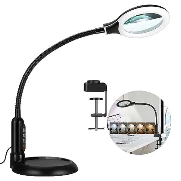 TOMSOO 5X Magnifying Glass with Light and Clamp, 5 Color Modes Stepless Dimmable Lighted Magnifier with Stand, Flexible Gooseneck LED Desk Lamp hands Free for Craft Reading Painting Hobby Close Work - Black - 5X