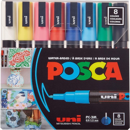 Posca Full Set of 8 Acrylic Paint Pens with Reversible Fine Point Pen Tips, Paint Markers for Rock Painting, Fabric, Glass / Metal Paint, and Graffiti - Set of 8 - Base paints