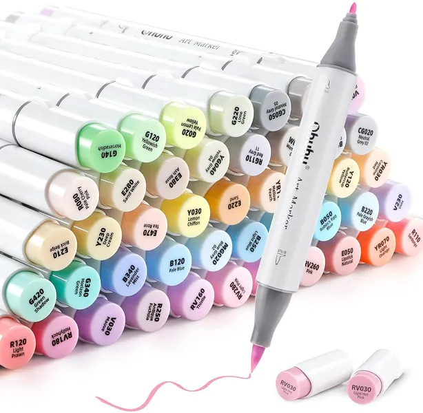 Ohuhu Pastel Markers Brush Tip, Alcohol-based Markers Double Tipped Artist Art Markers for Sketch Adults' Coloring Illustration, 48 Pastel Colors +1 Alcohol Marker Blender + Marker Case, Brush & Fine