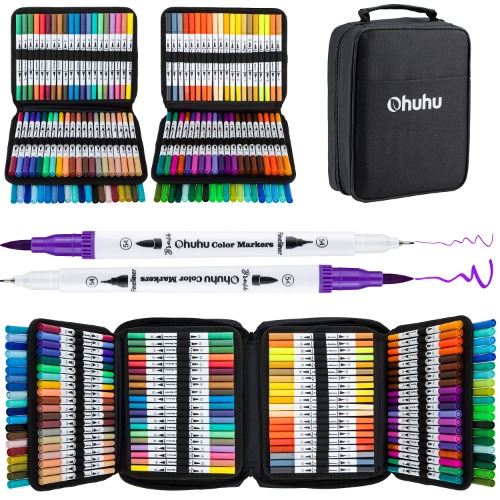 Ohuhu Water Based Brush Markers: Dual Tips - 160 Colors Art Markers Set Coloring Brush Fineliner Color Marker Pens for Calligraphy Drawing Sketching Coloring Bullet Journal Art Supplies - White - White Package