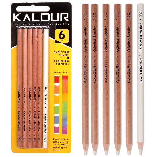 KALOUR Colorless Blender and Burnisher Pencils Set,Non-pigmented, Wax Based Pencil,perfect for Blending Softening Edges,ideal for Colored Pencils,Art Supplies for Artists Beginners(6 Pencils Total) - 