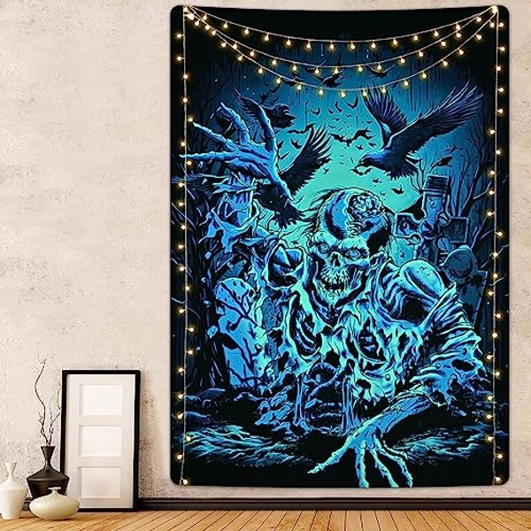 Krelymics Blue Skull Tapestry Gothic Skeleton Tapestry Hippie Eagle Tapestries Dark Forest Tapestry Bat Tomb Wall Tapestry for Bedroom, Living Room Dorm(59.1×51.2 Inches)