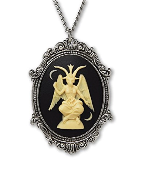 Real Metal Sitting Satanic Baphomet Cameo In Silver Finish Frame Necklace Pendant Ivory on Black