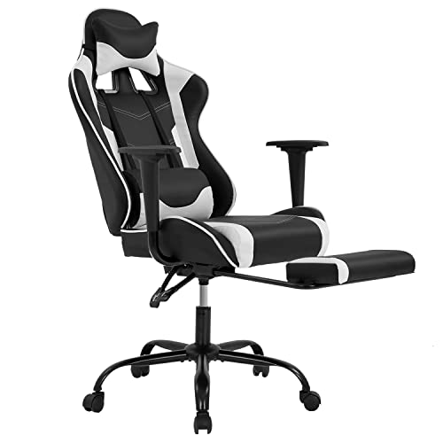 BestOffice Gaming Chair with Footrest, Ergonomic Office Chair, Adjustable Swivel Leather Desk Chair, Reclining High Back Computer Chair with Lumbar Support and Headrest, Racing Style Video Gamer Chair - White