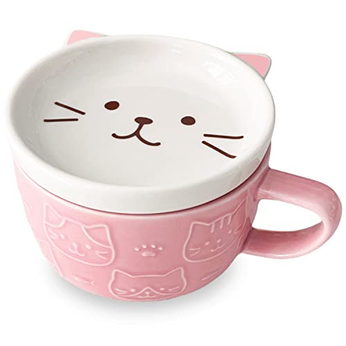 Cute Ceramic Cat Mug with Lid, Pink Cat Mug, Kawaii Coffee or Tea Cup for Cat Lovers, Unique Novelty Cat Gift, Mug and Lid Set (Pink) - Pink