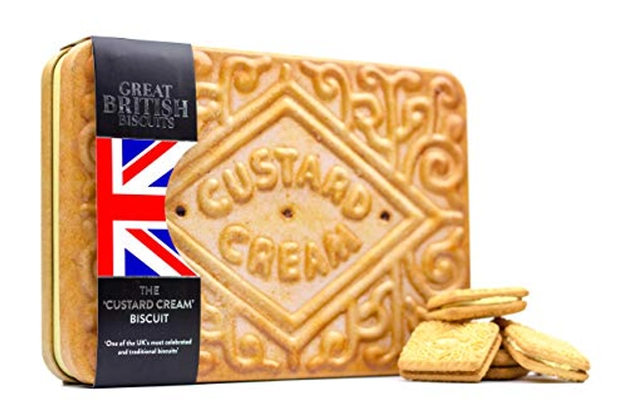 Giant Custard Cream Biscuit Tin Gift - Custard Creams Biscuits Gift Set - Family Biscuit Box with Luxury Custard Cream Biscuits - Novelty British Gifts for Men and Women, Fathers Day Hamper Tins 300g