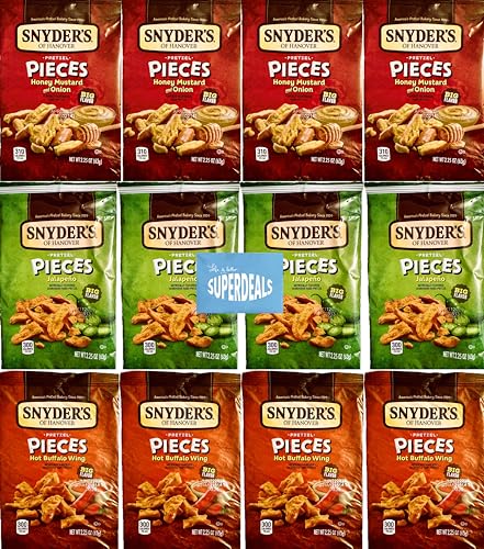 Snyder's of Hanover Pretzel Pieces, Variety 12 Pack bundled by SUPERDEALS 4 Honey Mustard and Onion, 4 Jalapeno, 4 Hot Buffalo Wing Pretzels, 2.25 Oz each bag, total 27 Ounces with mystery gift in every order - Honey Mustard, Jalapeno, Hot Buffalo Wing