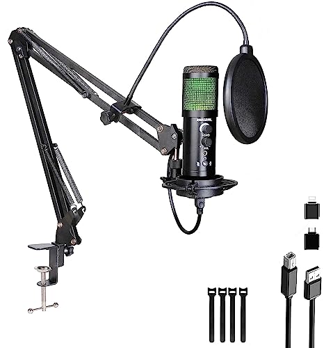 USB Microphone Gaming Microphone with Adjustable Boom Arm RGB Condenser Mic Kit Plug & Play Studio Recording Microphone for Smartphone Laptop Ps4 Ps5 - USB Podcast Microphone