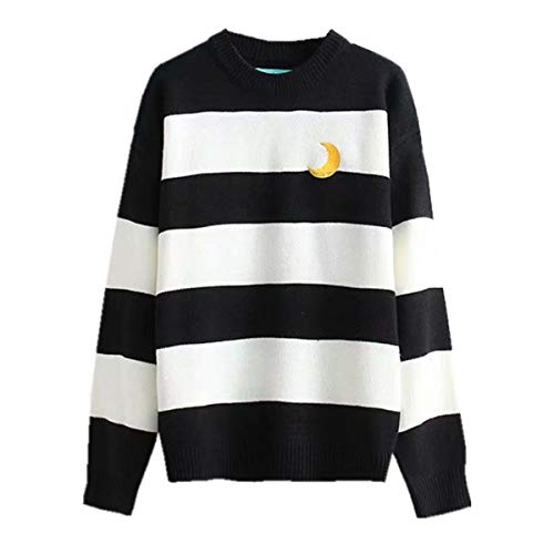 Packitcute Striped Knitted Sweater, Long Sleeve Moon Embroidery Cute Sweaters for Women - Medium - Black
