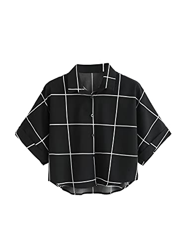 MakeMeChic Women's Summer Short Sleeve Plaid Button Down T Shirt Blouse Crop Top - X-Large - A Black