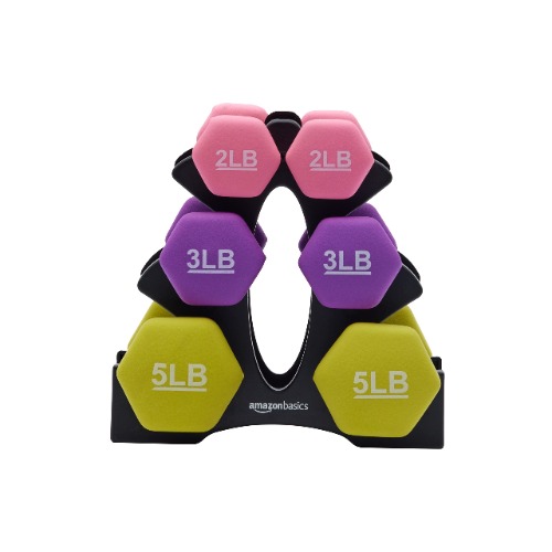 Amazon Basics Neoprene Workout Dumbbell - Multicolor 20-Pounds total - 3 Pairs (2-Lb, 3-Lb, 5-Lb) & Weight Rack Weight Set