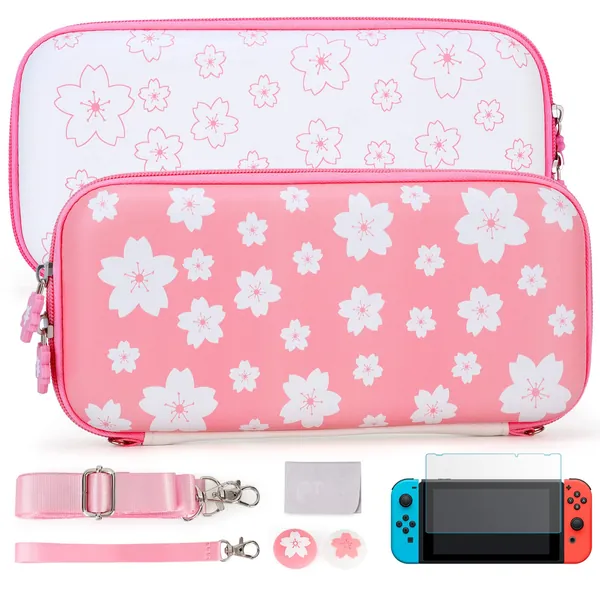 Tscope Carrying Case for Nintendo Switch, Sweet Sakura Flowers Hard Shell Shoulder Portable Travel Storage Bag, & Tempered Glass Screen Protector, Thumb Grip Caps for NS Consolo Joycons (Pink/White)