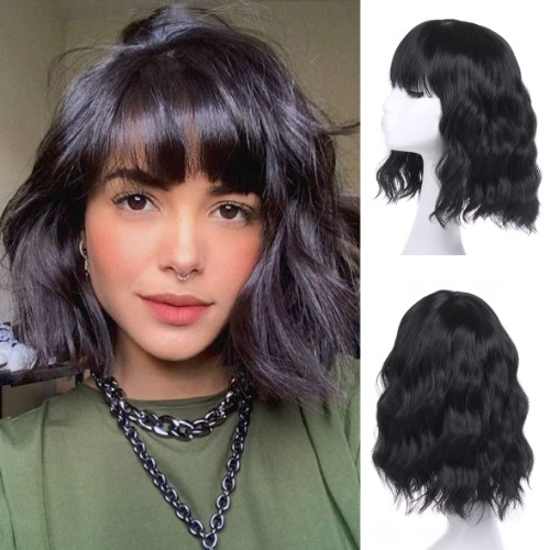 Leeven Curly Bob Wig with Bands 12 Inch Black Synthetic Wigs Natural Wavy Wig Heat Resistant Shoulder Length Hair Wig for Women Girls Cosplay Party Costumes(1B#) - 1A-Black