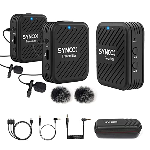 SYNCO Wireless Lavalier Microphones & System, G1(A2) 2.4G Dual Transmitter Lapel Mic 164FT 8H for YouTube Vlog Live Stream for Camera Smartphone Tablet, Wireless-Lavalier-Microphone-for-iPhone - Black