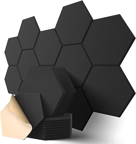 Panneaux Acoustiques Hexagonal Auto-Adhésif, 12 Pack Mousse Acoustique Haute Densité pour la Décoration Mur/Porte/Plafond et le Traitement Acoustique, Insonorisation Phonique Mur (30x26x0.9cm) - Noir