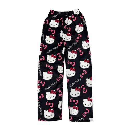 Schlafanzug Damen Hosen Lang Flanell Pyjama Hose Damen Schlafhose Weich Kawaii Pyjamas Anime Bequeme Winter Schlafanzughose - Schwarz B - L