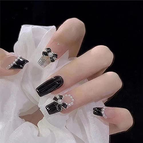 WOOXDYUK Nail art set,Press On Nails Medium French Tip, The Dark Butterfly Nails, Pack of 24 False Nails with Imported jelly glue +1 nail rub +1 alcohol pack +1 nail remover