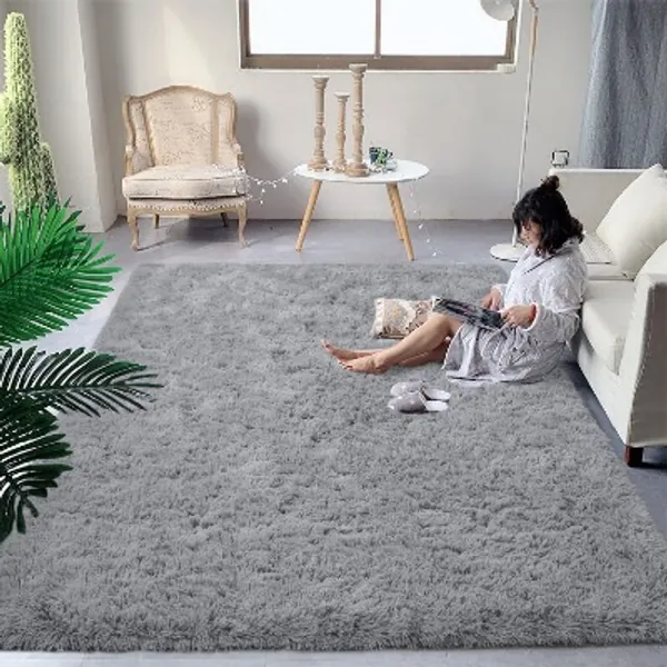 DweIke Fluffy Grey Rugs for Bedroom,5'X8' Upgrade Furry Carpet for Kids Room Living Room Nursery Home Decor, Plush Area Rug for Teen's Room,Anti-Skid Rectangular Rugs, 5x8 Feet
