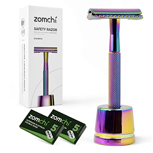 Double Edge Safety Razor for Women with Stand, Lady Razor, Elegant Women Razor with a Delicate Box, Fits All Double Edge Razor Blades, Free of Plastic (Gradient Neon) - Rainbow With Stand, 10 Blades