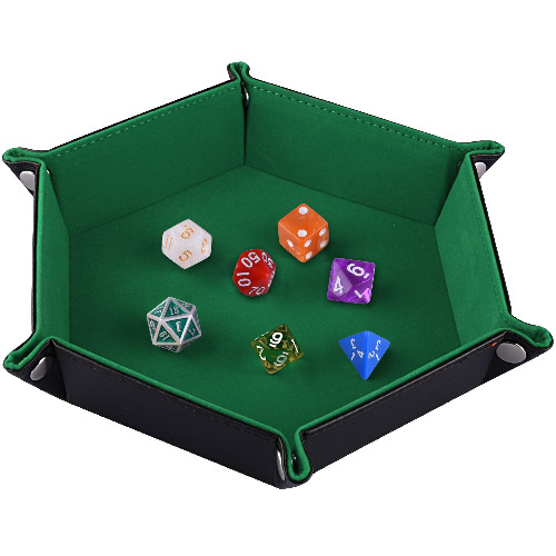 SIQUK Double Sided Dice Tray Folding Hexagon PU Leather and Dark Green Velvet Dice Holder - green