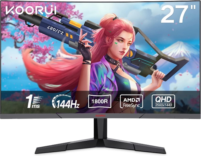 KOORUI 27E6QC Gaming Monitor, Curved QHD (2560 x 1440), 144 Hz, 1 ms (MPRT), Adpitive Sync (G-SYN Compatible), DPx1, HDMIx2, VESA Mount Support, Tilt Adjustment, 3 Year Warranty - WQHD144hz VA